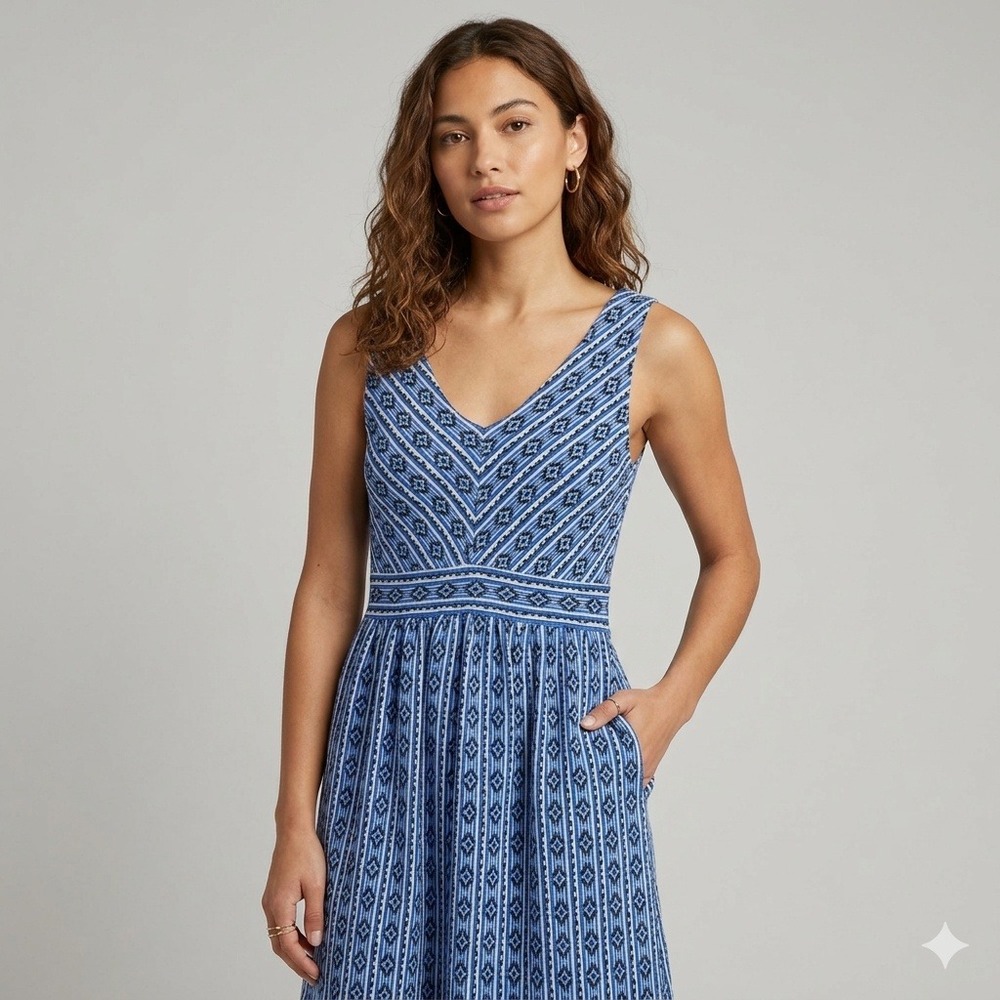 Anthropologie Maeve‎ Blue Ikat Print Midi Dress Womens 8 Sleeveless Boho Beach